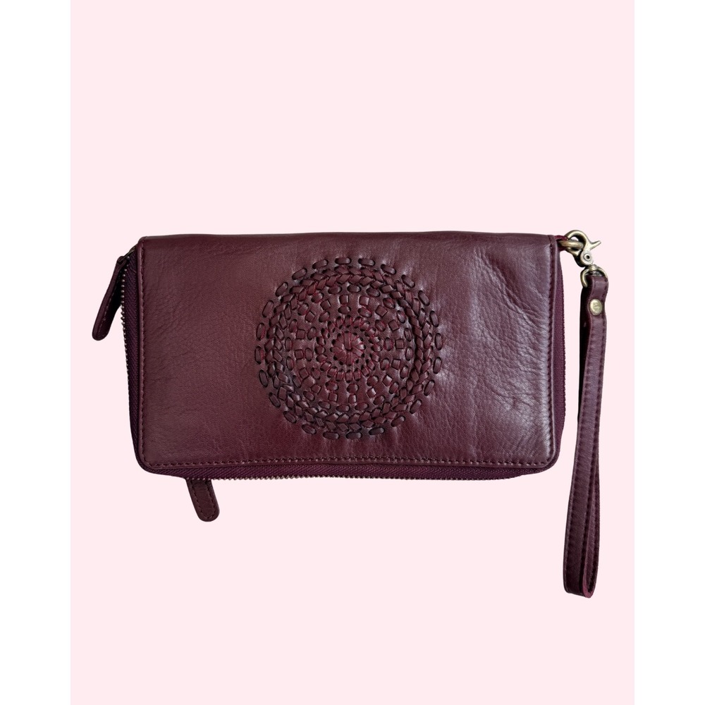 Vilenca Holland Leather Wristlet Zip-Around Wallet Braided Mandala Brown TK452
